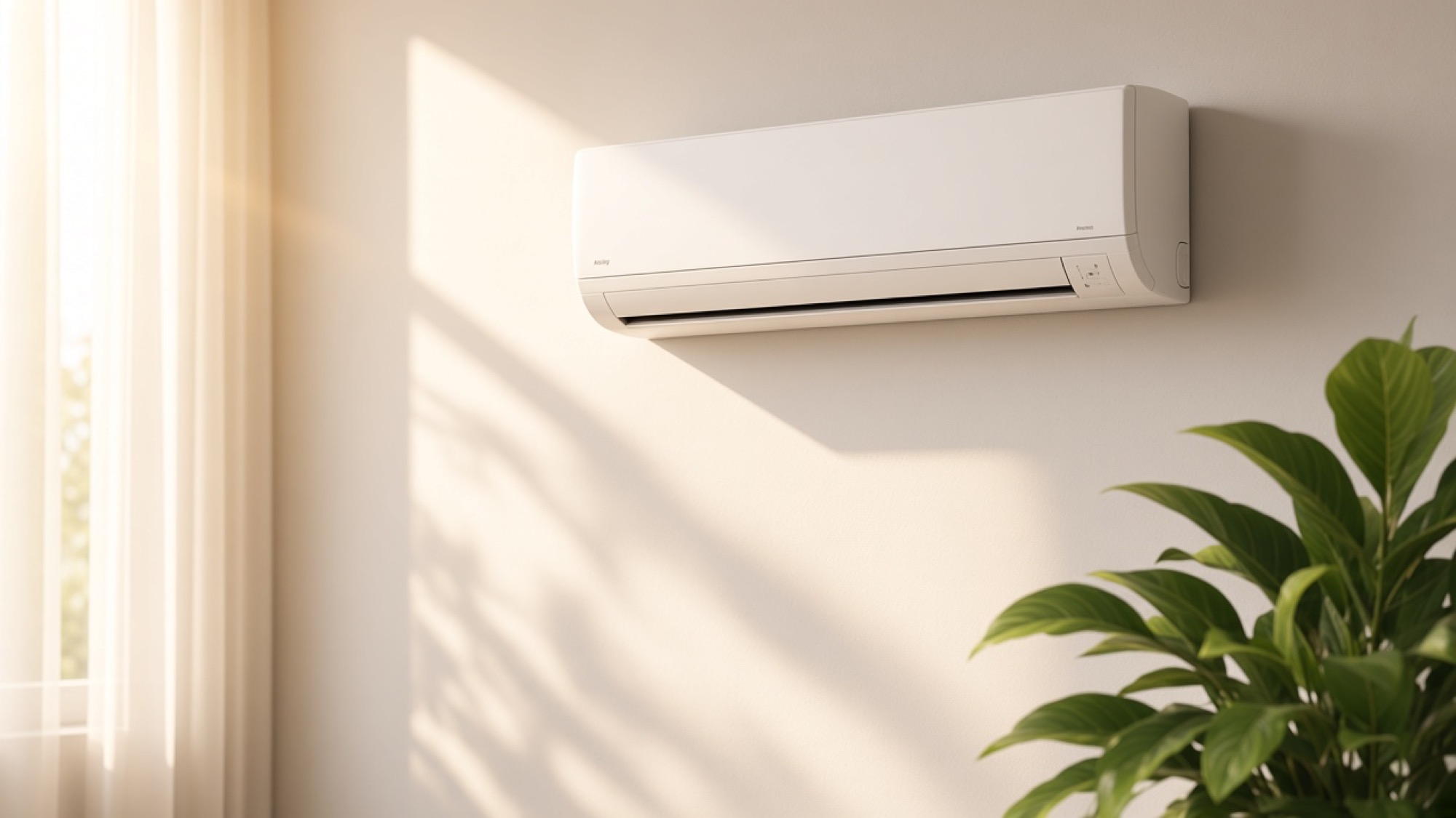 Wall-mounted air conditioner in warm daylight