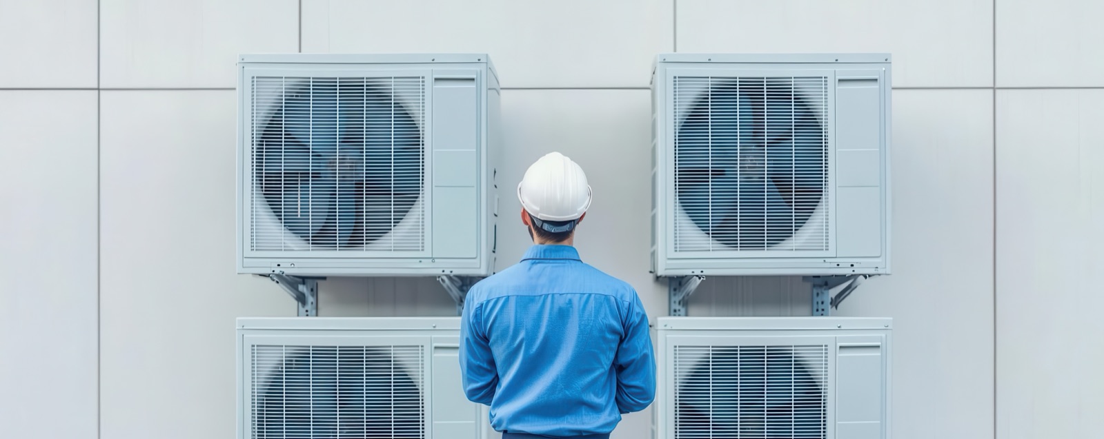 Technician standing in front of commercial air conditioning units